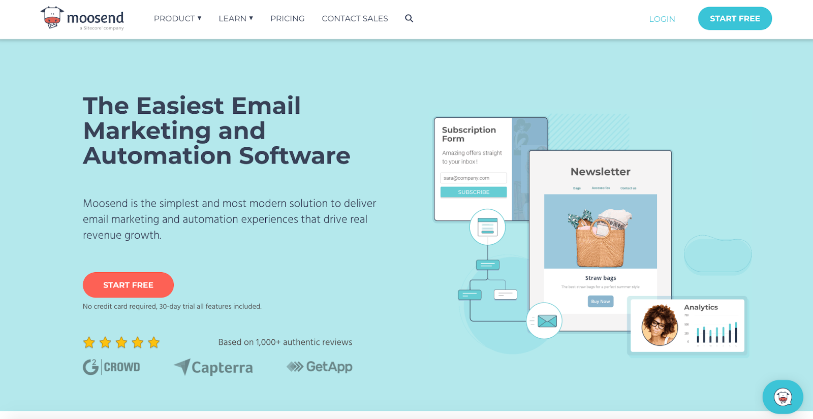 A screenshot of the Moosend homepage.