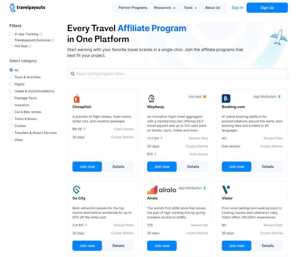 A screenshot featuring the Travelpayouts Brands Directory