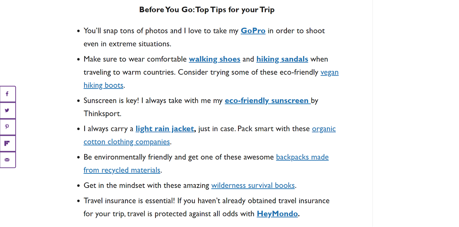Screenshot from paulinaontheroad.com showing an example of the link box at the end of the article. The example shows one title and seven useful links with short information.