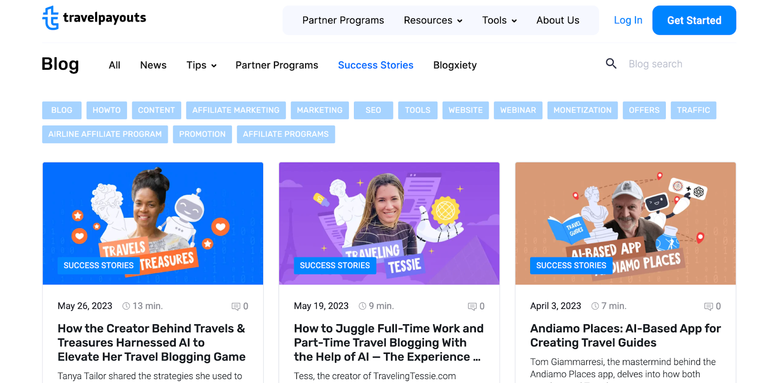 A screenshot of the “Success Stories” section on the Travelpayouts Blog featuring Tanya from Travels and Treasures, Tess from Traveling Tessie, and Tom from Andiamo Places.