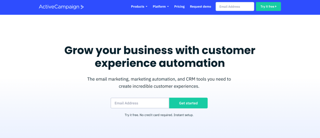 A screenshot of the ActiveCampaign homepage.