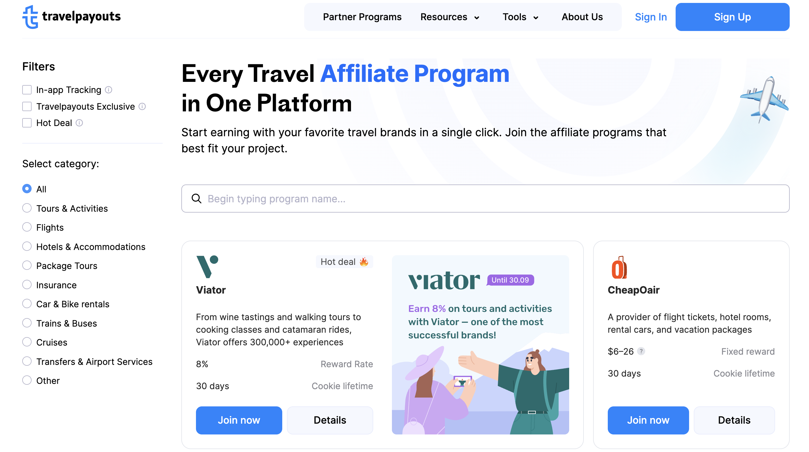Choose a program through which you'll start earning income as an affiliate after joining the Travelpayouts Partnership Platform. A screenshot of several programs, including Viator and CheapOair, in the Travelpayouts Partnership Platform.