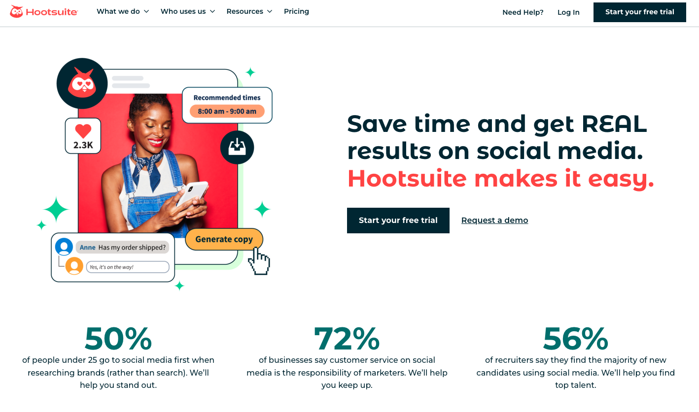 The image displays the homepage of Hootsuite, with buttons directing users to start a free trial and important statistics regarding the prevalence of social media use for marketers, young people, and employers.