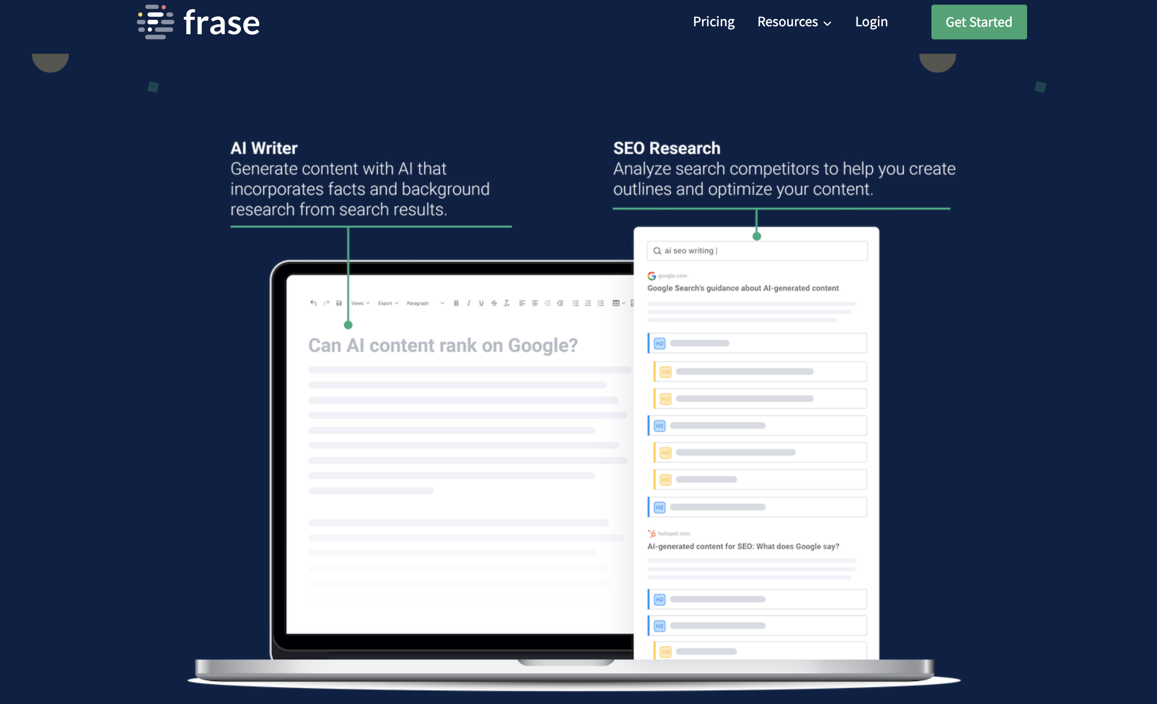 Screenshot of the home page of the Frase.io 