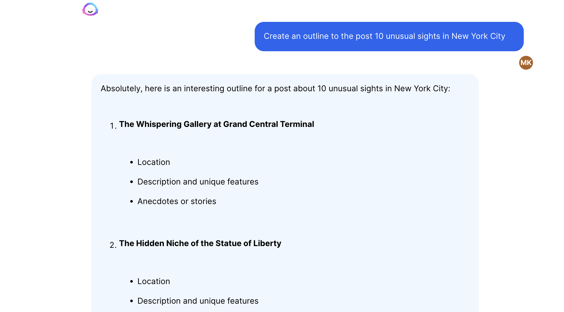 Outline to the post 10 unusual sights in NYC, created in a few seconds in Jasper Screenshot with outline to the post 10 unusual sights in NYC, created in a few seconds in Jasper