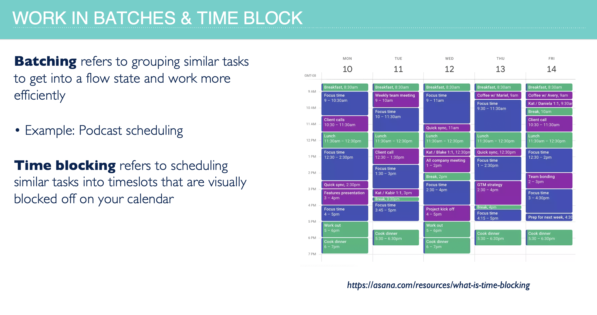 Screenshot showing time blocking calendar from Jessie Festa's presentation on the How to Avoid Travel Blogging Burnout: Blogxiety Webinar