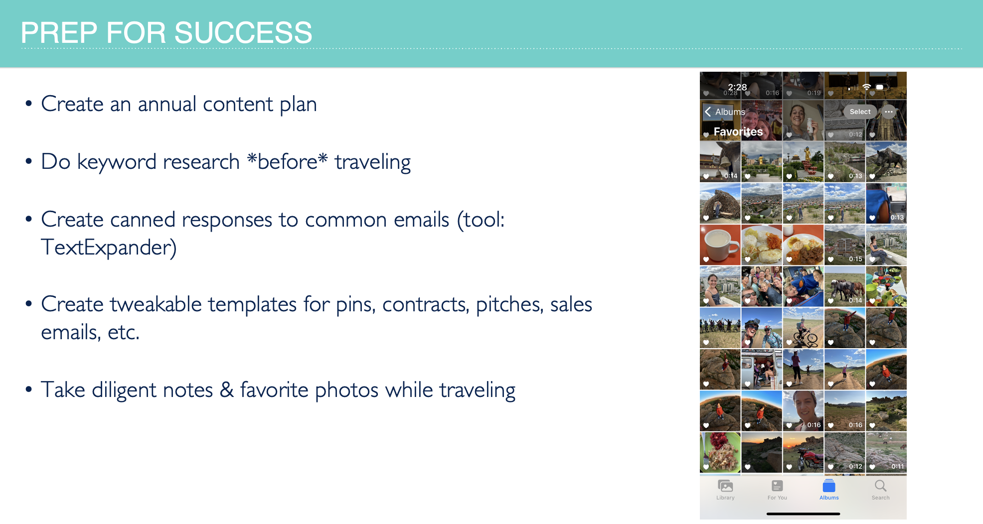 Screenshot with 5 ways to prep for success from Jessie Festa's presentation on the How to Avoid Travel Blogging Burnout: Blogxiety Webinar