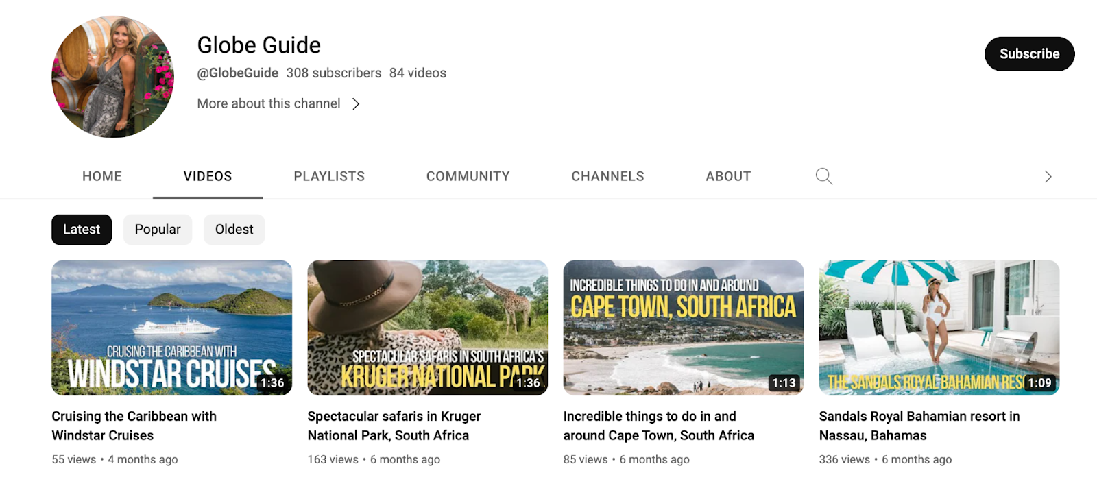 Screenshot of the YouTube page with videos from the Globe Guide blog