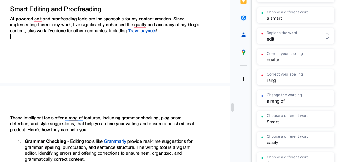 The image displays the Word document used for this article and the integration Grammarly offers. The AI-powered editing tool suggests solutions for spelling errors, clarity, and engagement.
