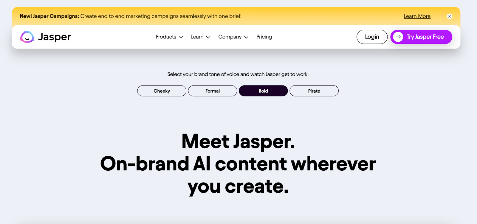 A screenshot of the Jasper AI website titled “Meet Jasper. On-brand AI content wherever you create.”