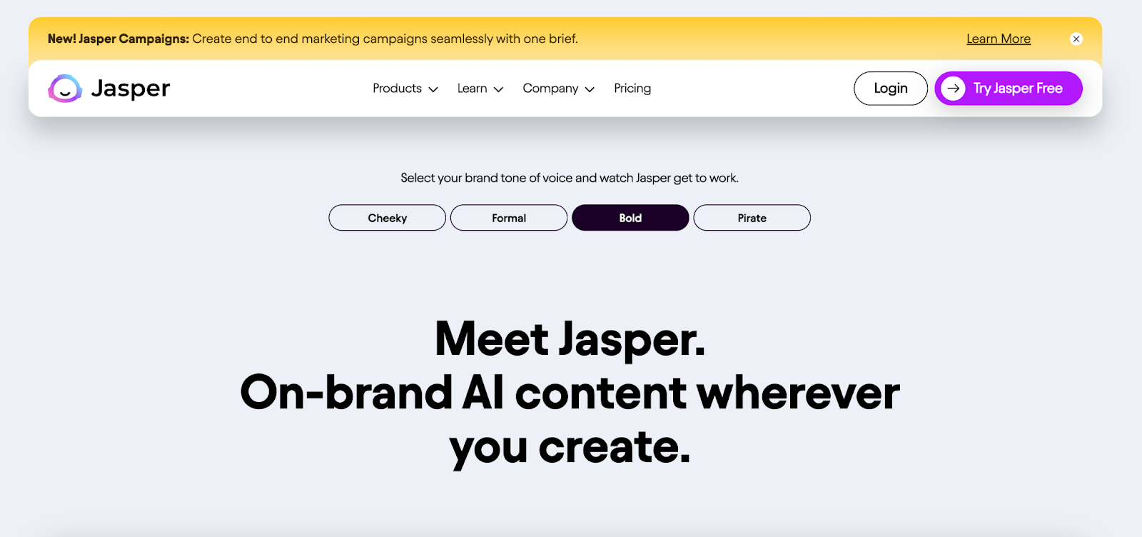 Jasper is a unique AI writing tool that generates blog outlines, social media posts, and other content using 60+ content templates. A screenshot of the Jasper AI website titled “Meet Jasper. On-brand AI content wherever you create.”