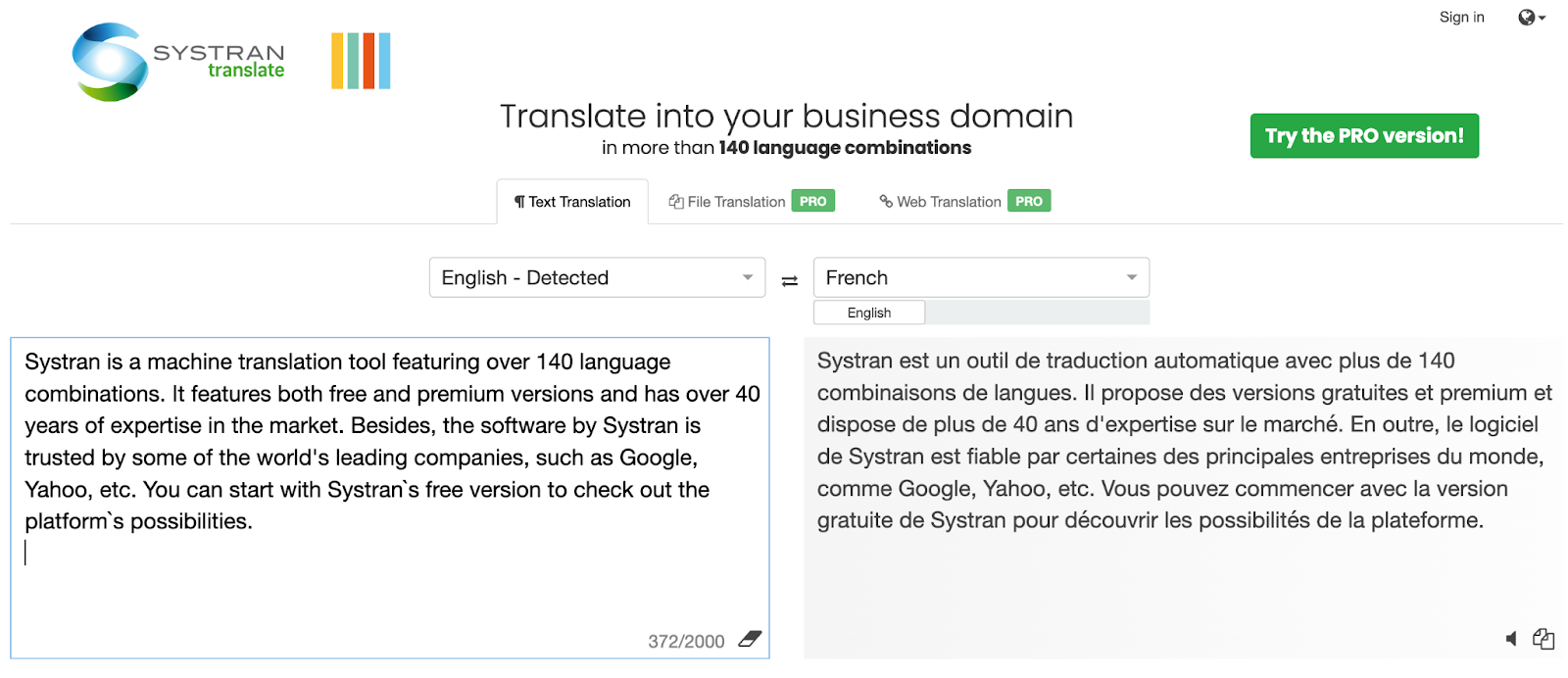 A screenshot of the Systran translation interface