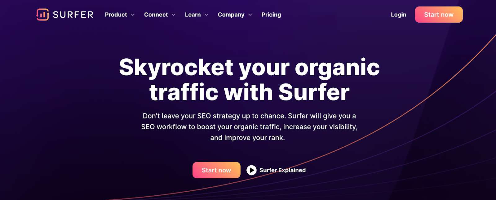 A screenshot of the Surfer SEO website, with the title “Skyrocket your organic traffic with Surfer.”