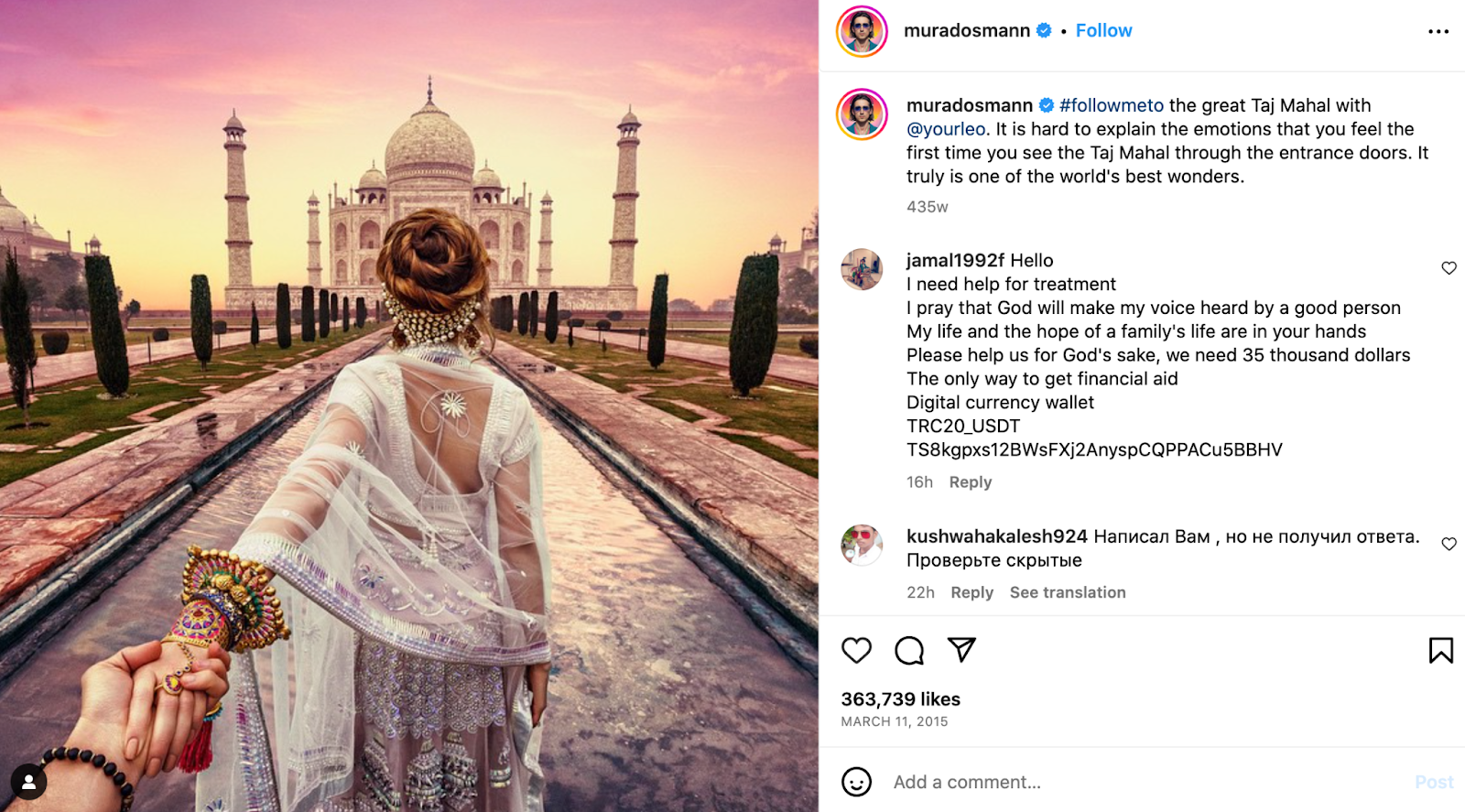 A screenshot of an Instagram post featuring a photo of a woman in front of the Taj Mahal