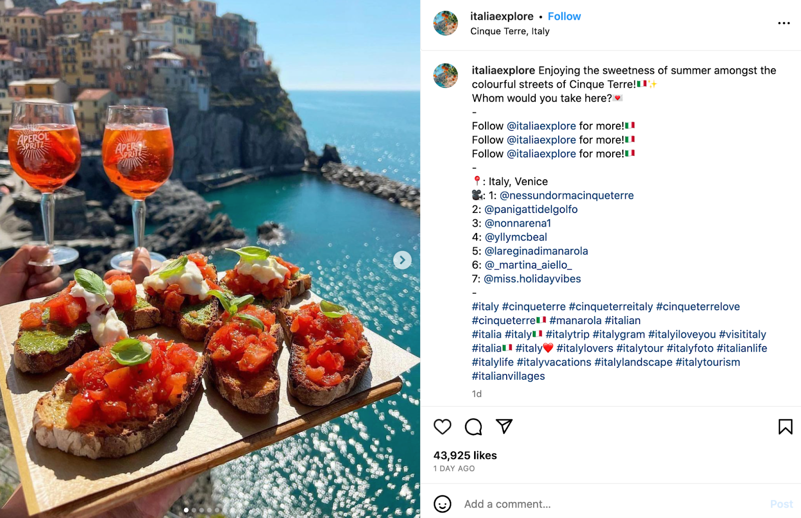 A screenshot of an Instagram post featuring a photo of sandwiches and drinks in Italy