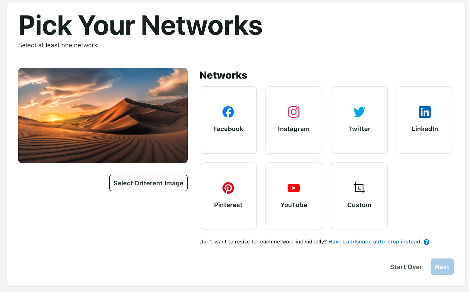 A screenshot of the free SproutSocial cropping tool with a photo of a desert and icons of various social networks