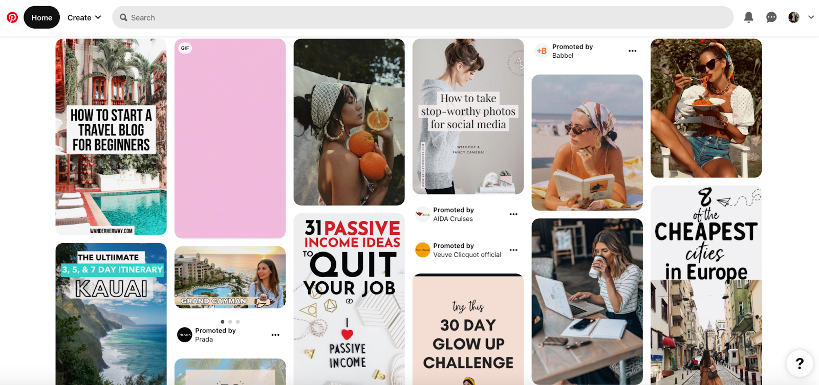 A screenshot of a Pinterest feed featuring beautiful travel and lifestyle pins