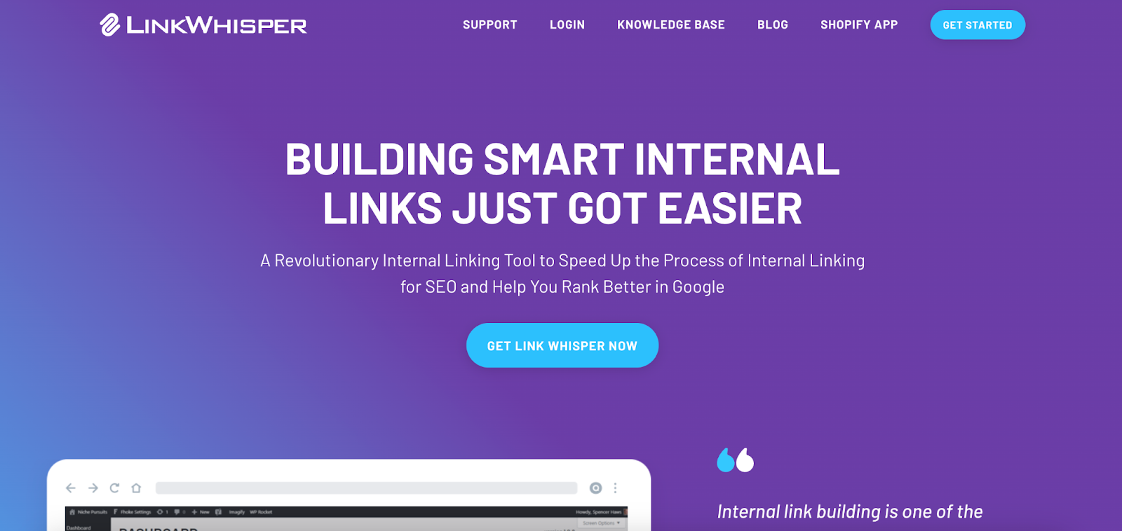 A screenshot of the Link Whisper website, with the title “Building smart internal links just got easier.”