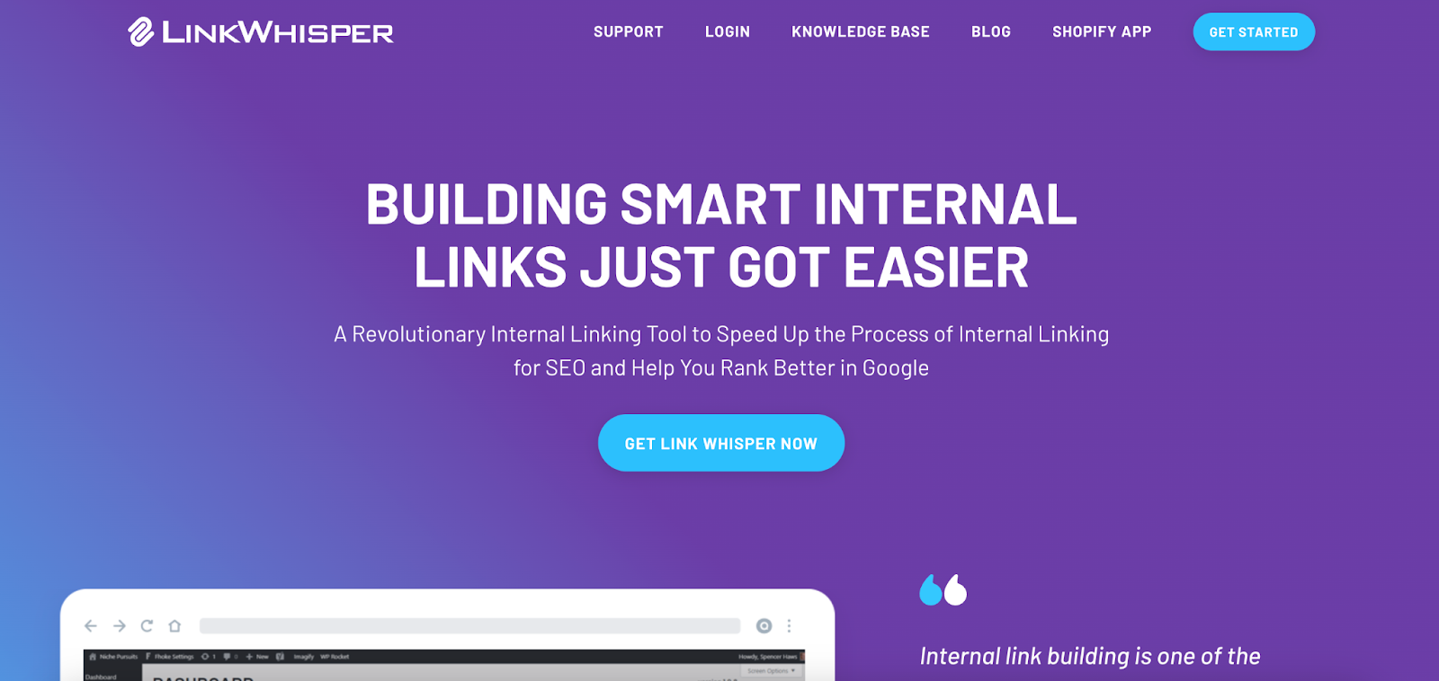 Link Whisper uses AI to find intuitive internal link placements in your blog posts to improve SEO. A screenshot of the Link Whisper website, with the title “Building smart internal links just got easier.”