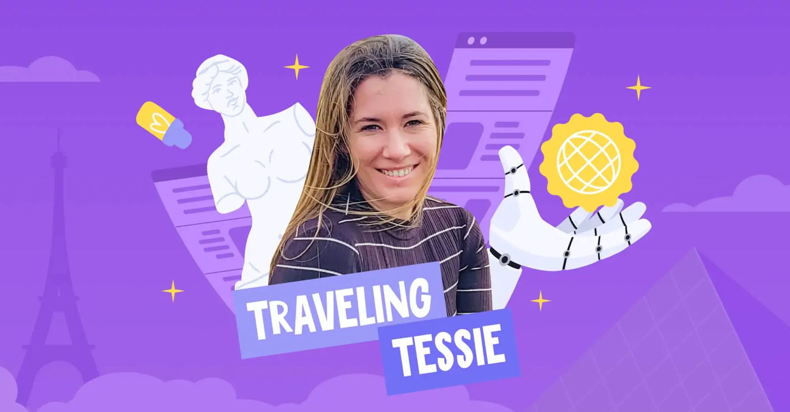 Traveling Tessie uses AI tools, like Copy.ai, to streamline the content writing process while juggling a full-time career and part-time blog. Tess from Traveling Tessie smiling on a purple background.