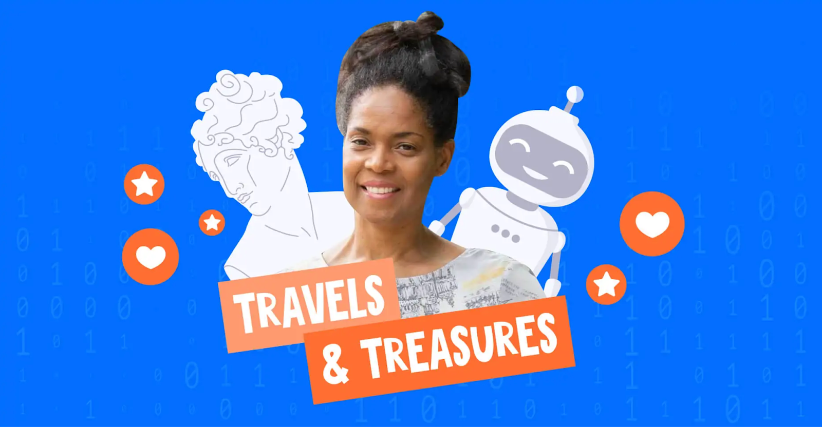 Tanya from Travels and Treasures smiling on a blue background with orange text and two white graphics on each side.