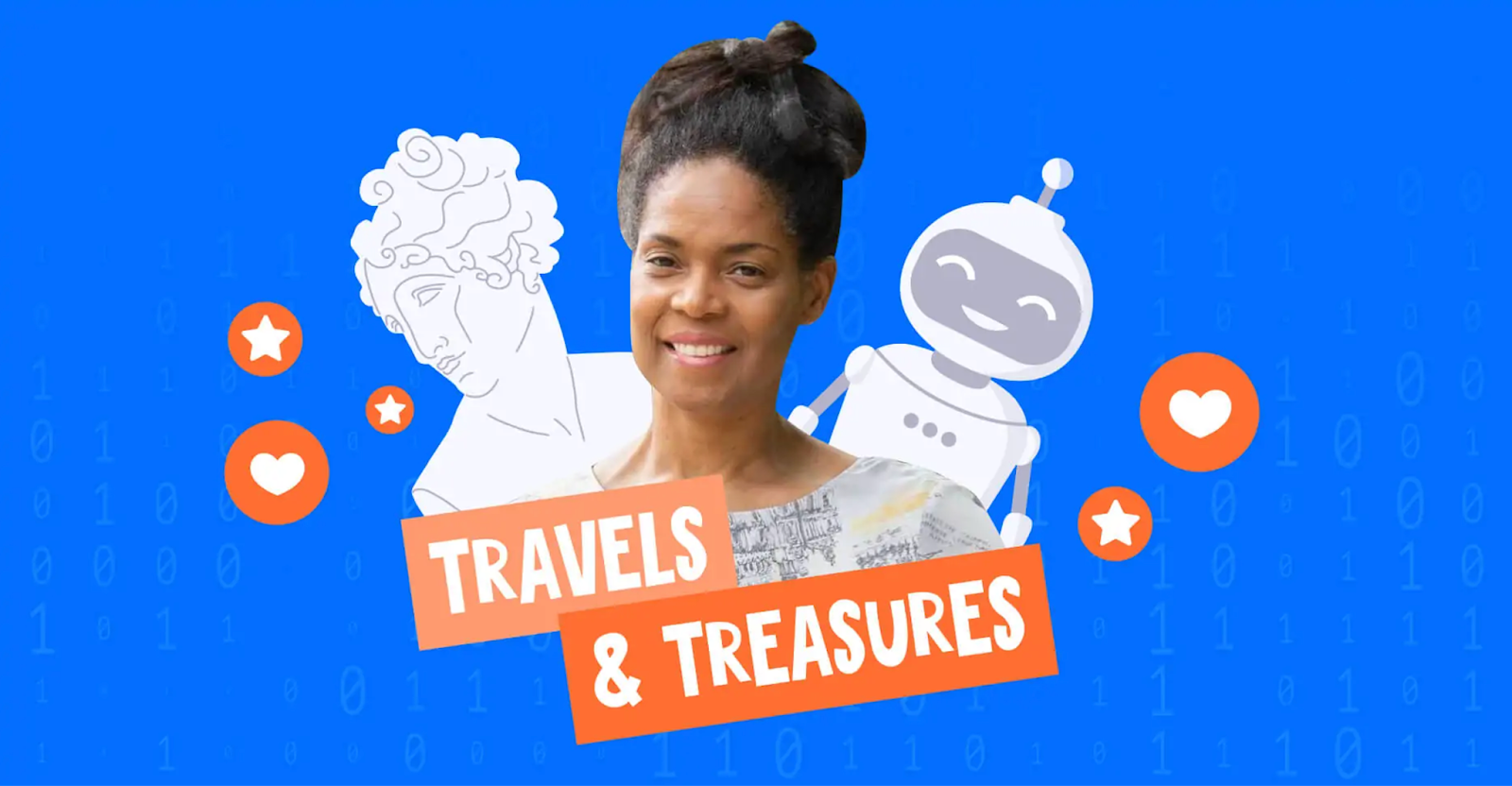 Tanya from Travels & Treasures uses AI tools to generate blog post ideas and help with SEO tasks, like link building and content optimization. Tanya from Travels and Treasures smiling on a blue background with orange text and two white graphics on each side.