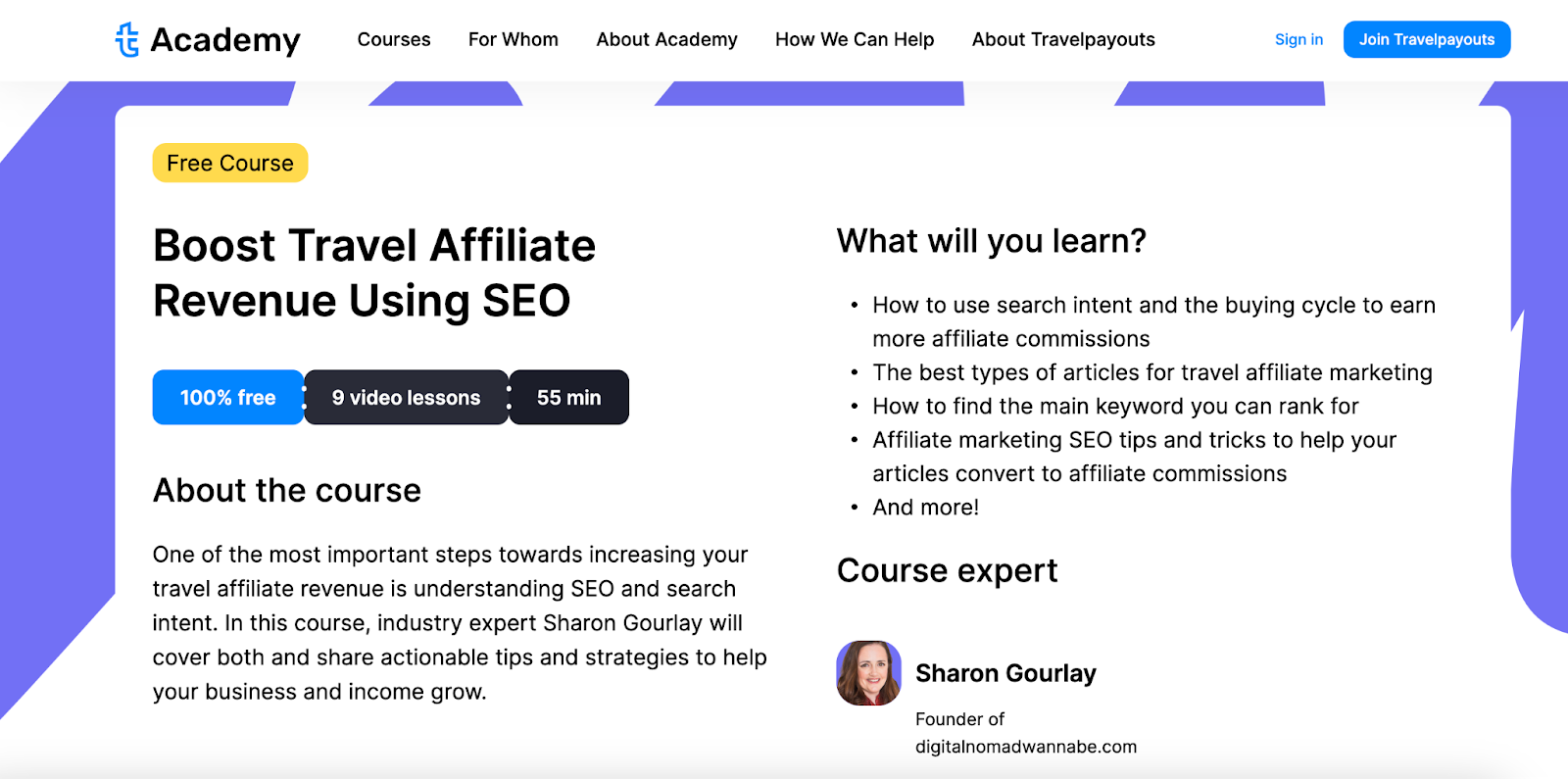 A screenshot of the “Boost Travel Affiliate Revenue Using SEO” course on the Travelpayouts website.