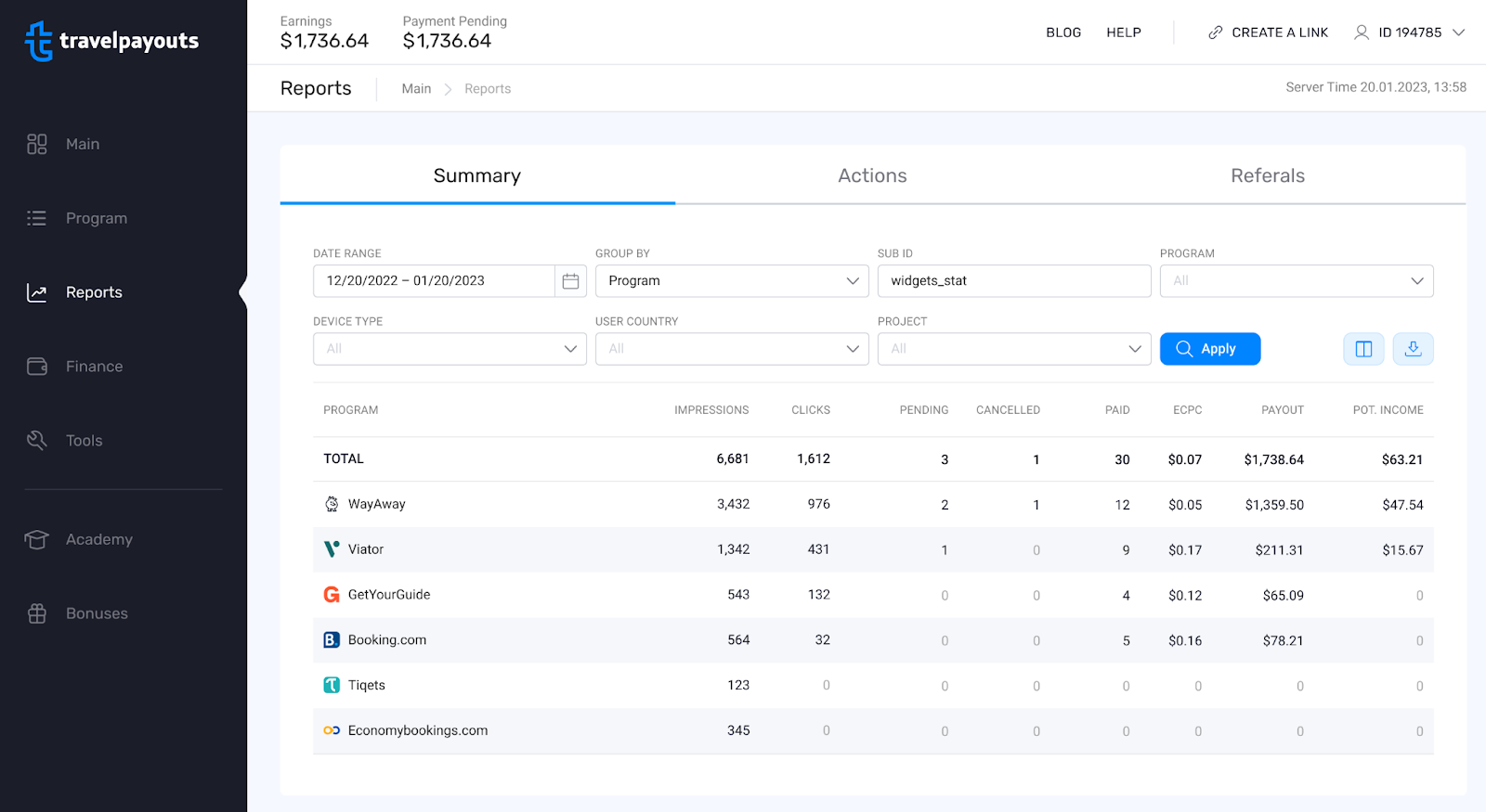 A screenshot featuring the Reports Tab on Travelpayouts 