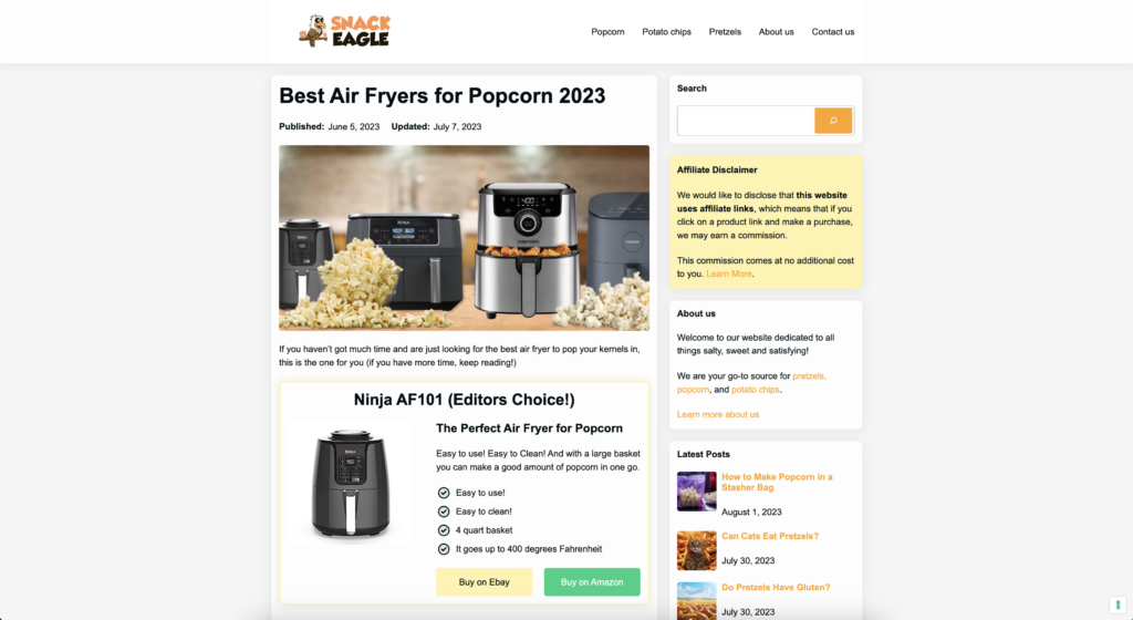 Popcorn theme for affiliate products and services Popcorn theme example