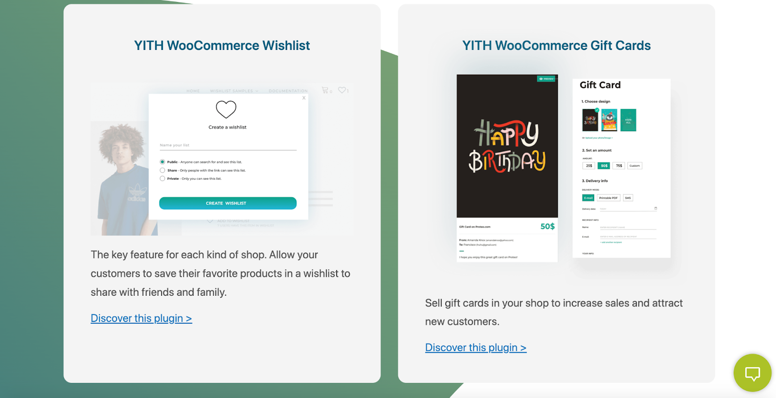 A screenshot of the YITH WooCommerce homepage featuring descriptions of various YITH plugins