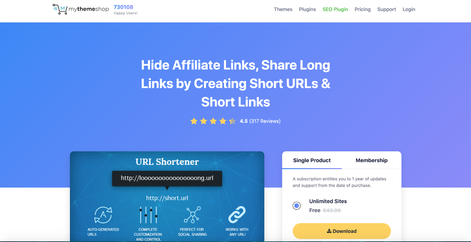 A screenshot of the URL Shortener homepage featuring a list of the product benefits and a download button