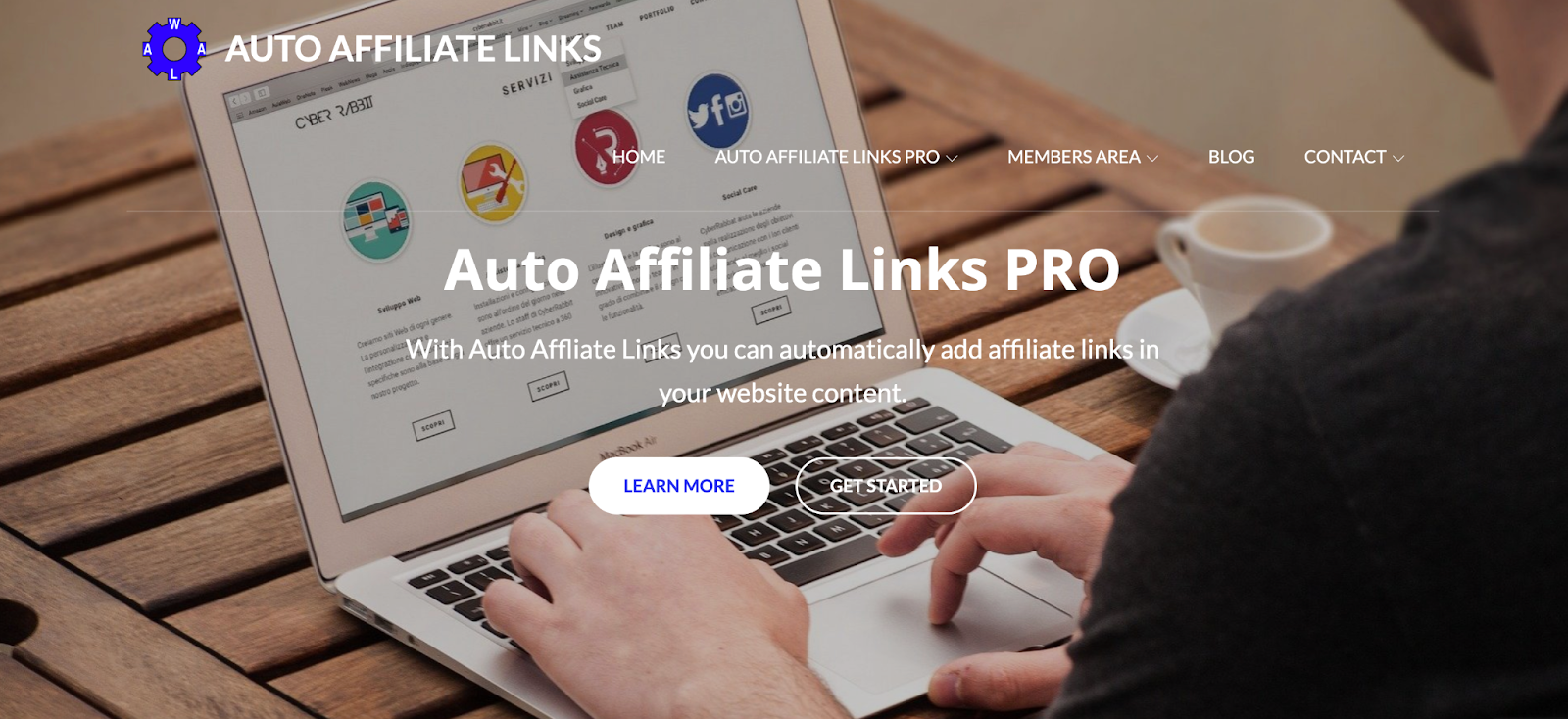 A screenshot of the Auto Affiliate Links homepage featuring a photo of a man typing on a computer as well as links to Auto Affiliate Links Pro