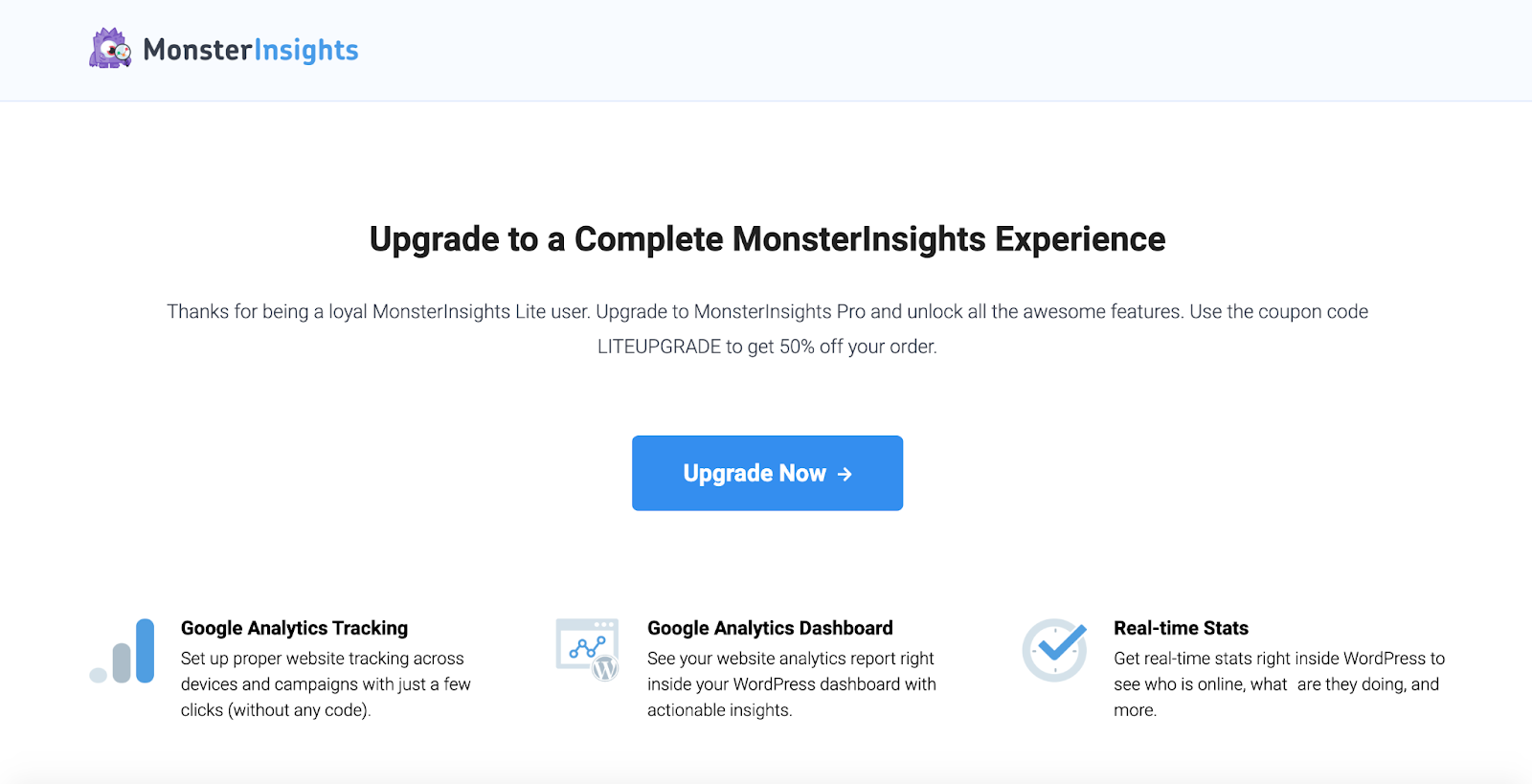 A screenshot of the MonsterInsights homepage featuring the “Upgrade Now” button and a list of product features