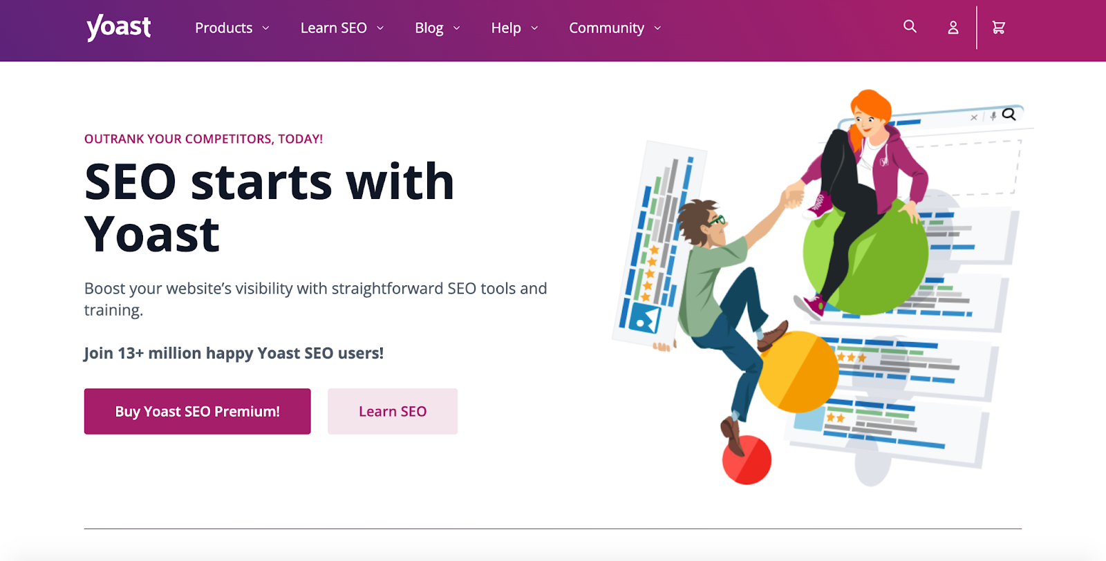 A screenshot of the Yoast SEO homepage featuring two cartoon characters climbing up the background of a webpage