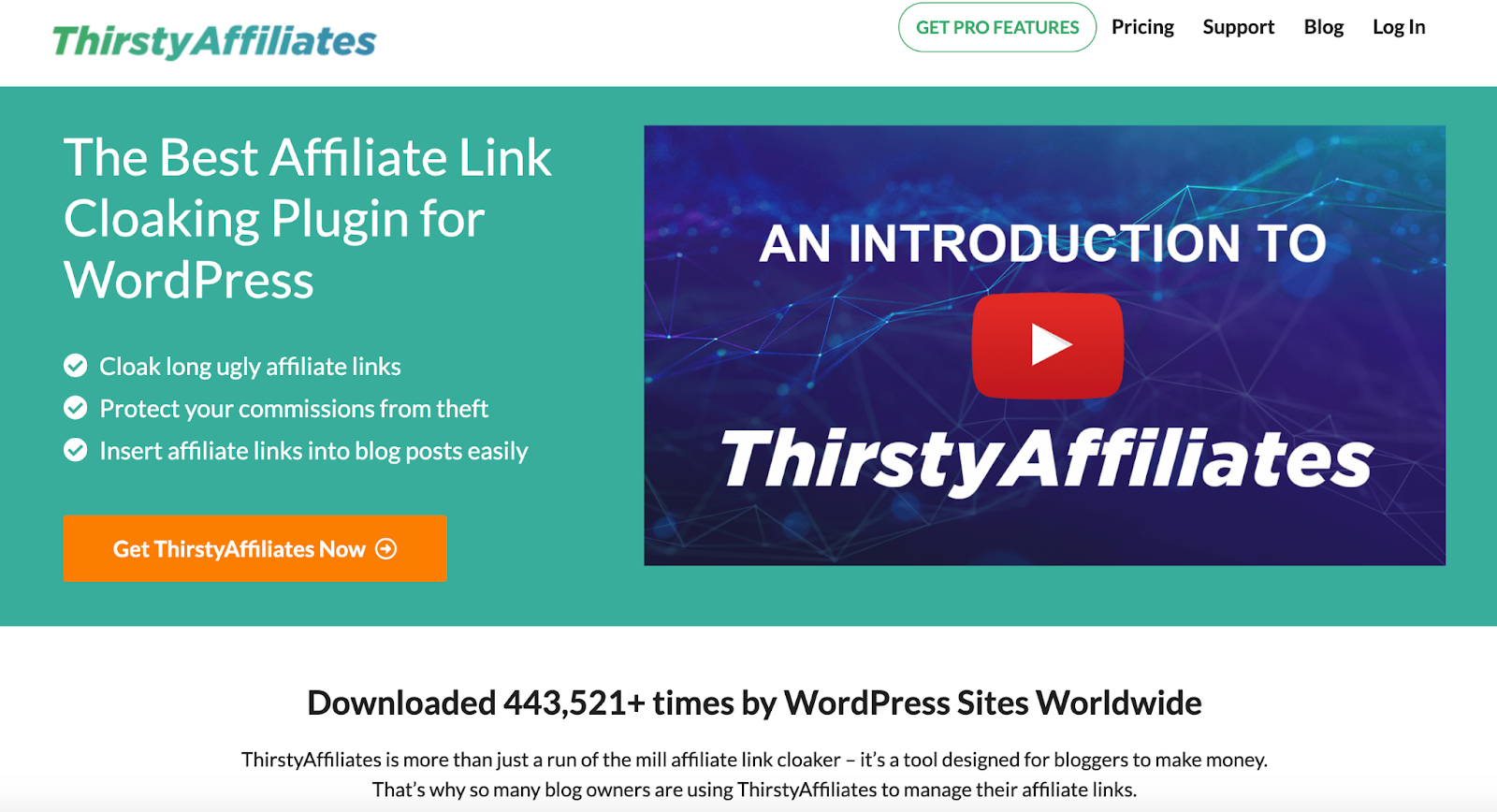 A screenshot of the Thirsty Affiliates homepage featuring a video introduction and list of product benefits