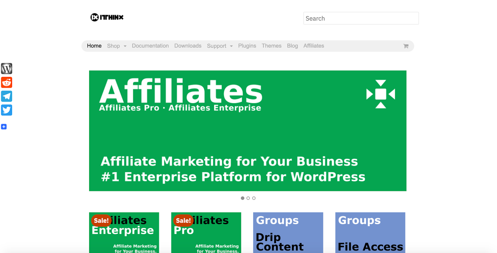 A screenshot of the Affiliates by itthinx homepage featuring product banners