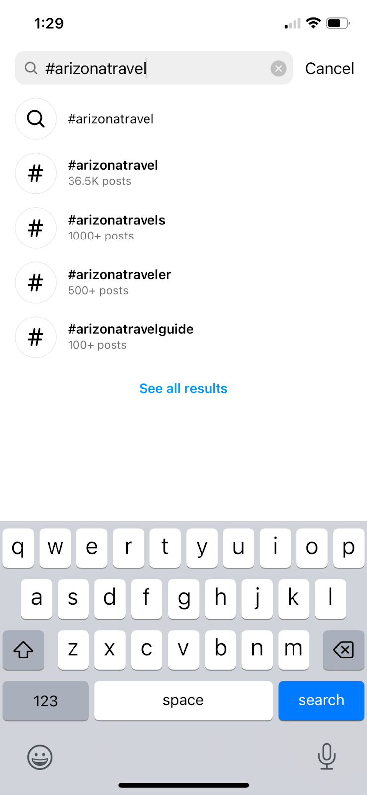 A screenshot of the search bar on Instagram and YouTube with the keyword “Arizona travel” in the search bar.