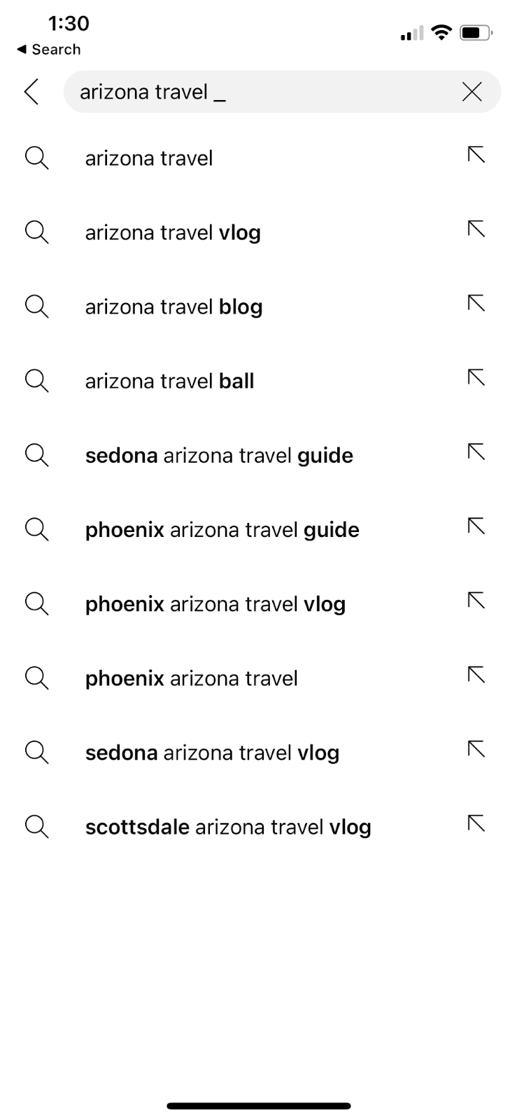 A screenshot of the search bar on Instagram and YouTube with the keyword “Arizona travel” in the search bar.