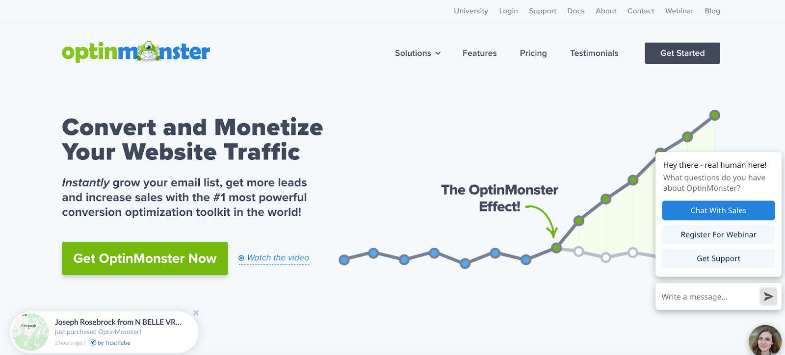 A screenshot of the Optinmonster homepage featuring a description of the plugin