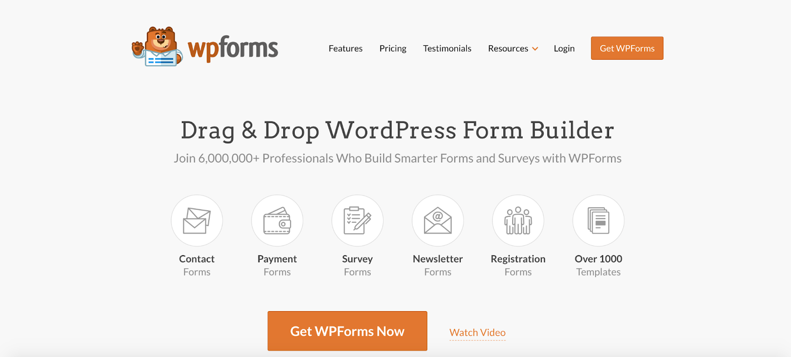 A screenshot of the WPForms homepage featuring a breakdown of the plugin’s benefits as well as a CTA button
