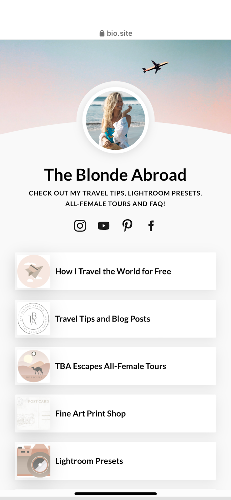 A screenshot of the links you can access through Instagram when you click on the “link in bio” of popular travel influencers, like The Blonde Abroad and Helene In Between.
