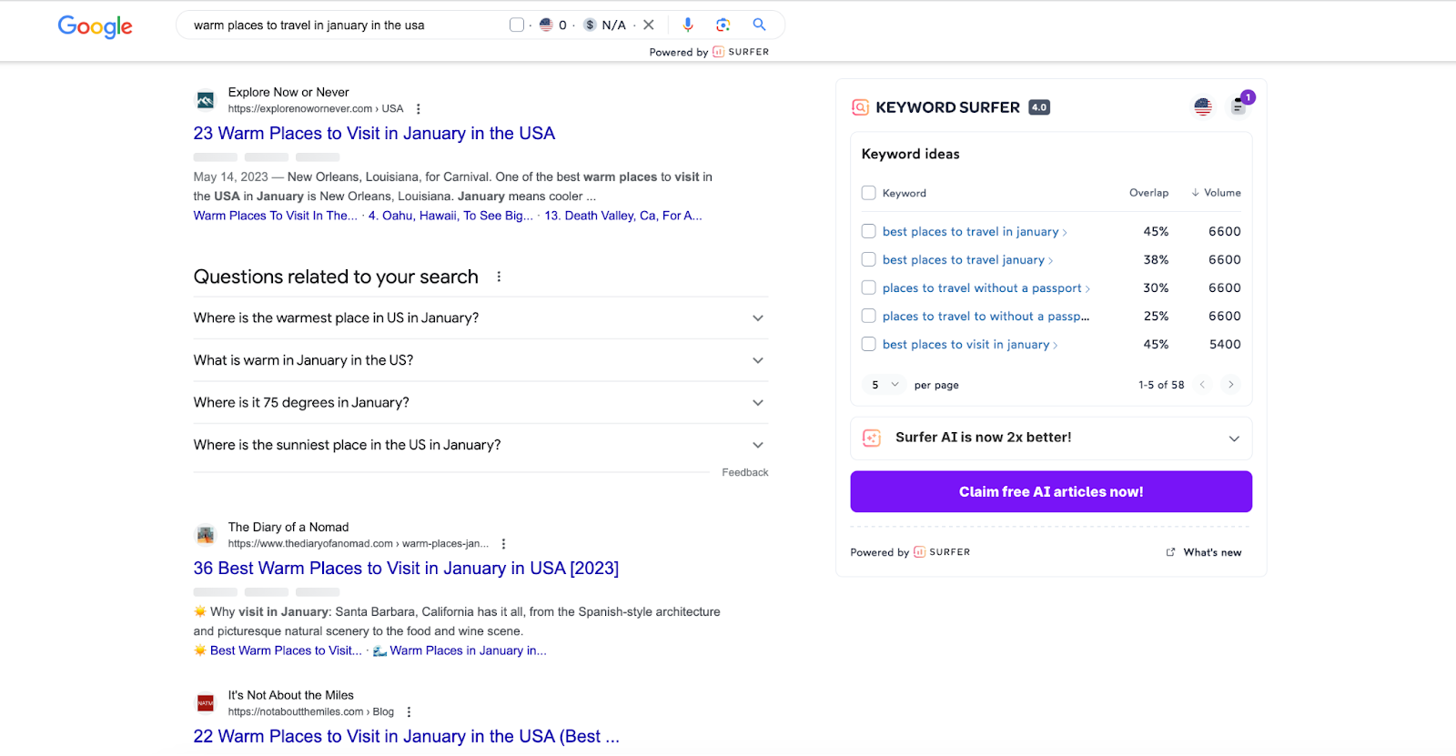 A screenshot of the search results for the keyword “warm places to travel in January in the USA” on Google.