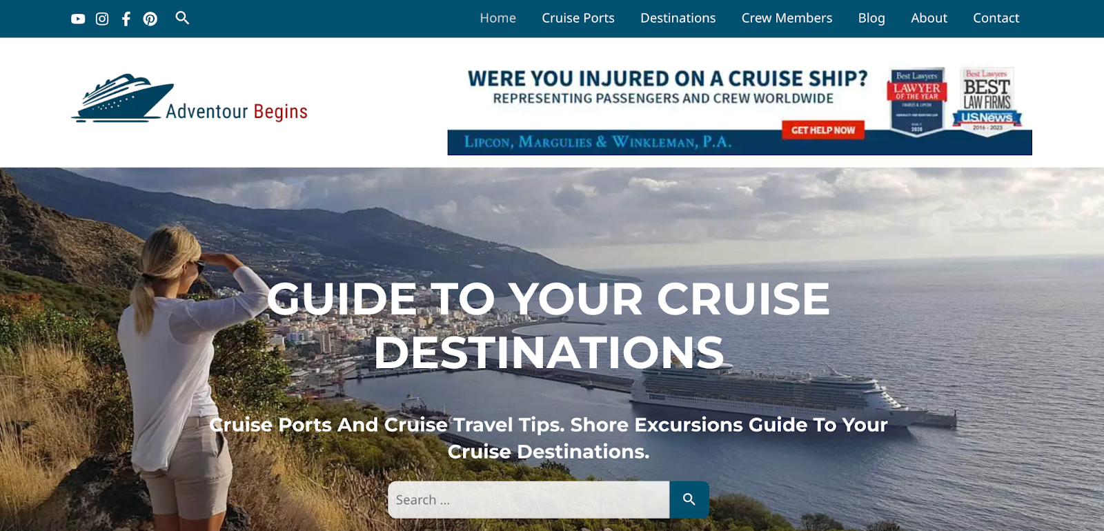 Adventour Begins shares cruising destinations around the world and helpful cruising tips, as well as some insight into working on a cruise ship A screenshot of the homepage of Adventour Begins