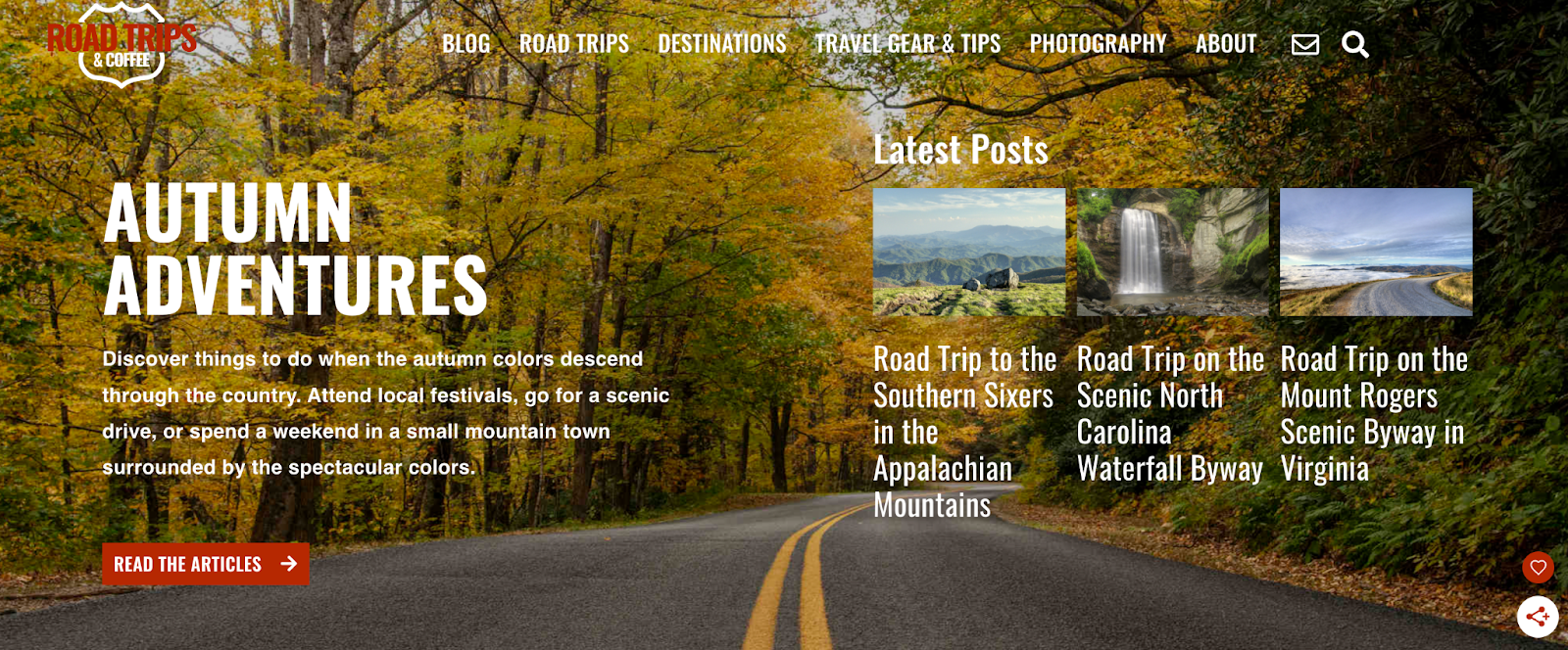 A screenshot of the homepage of Road Trips & Coffee