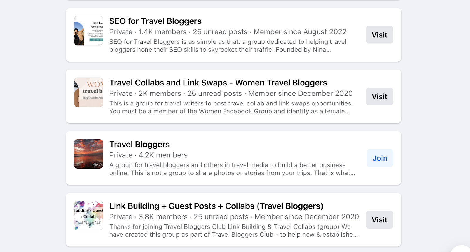 A screenshot of four Facebook Groups for travel bloggers.
