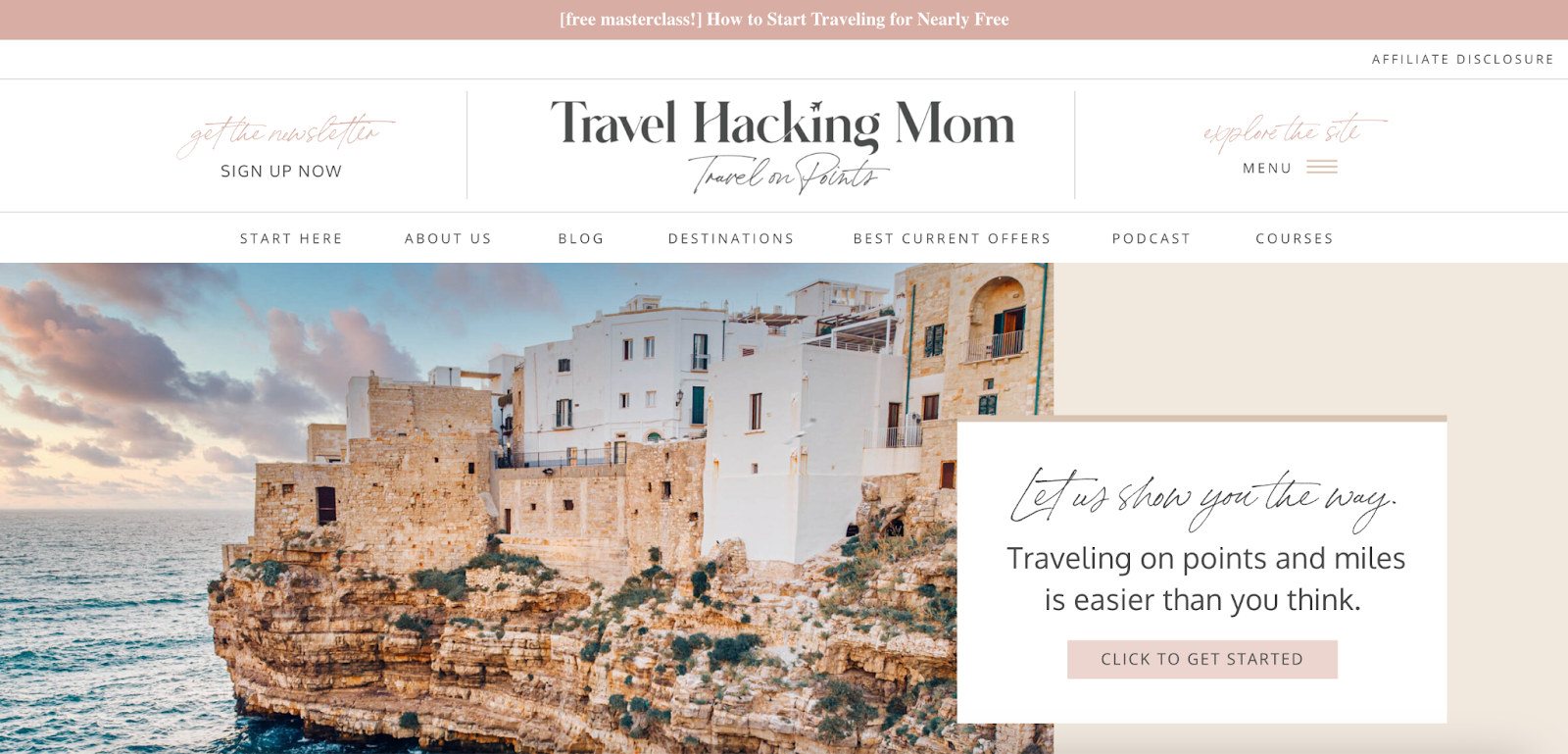 A screenshot of the Travel Hacking Mom website homepage