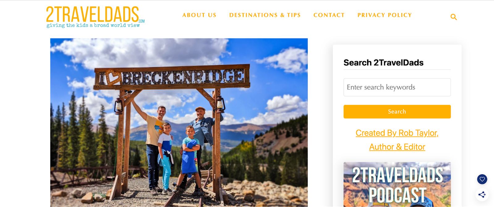 A screenshot of the homepage of 2 Travel Dads