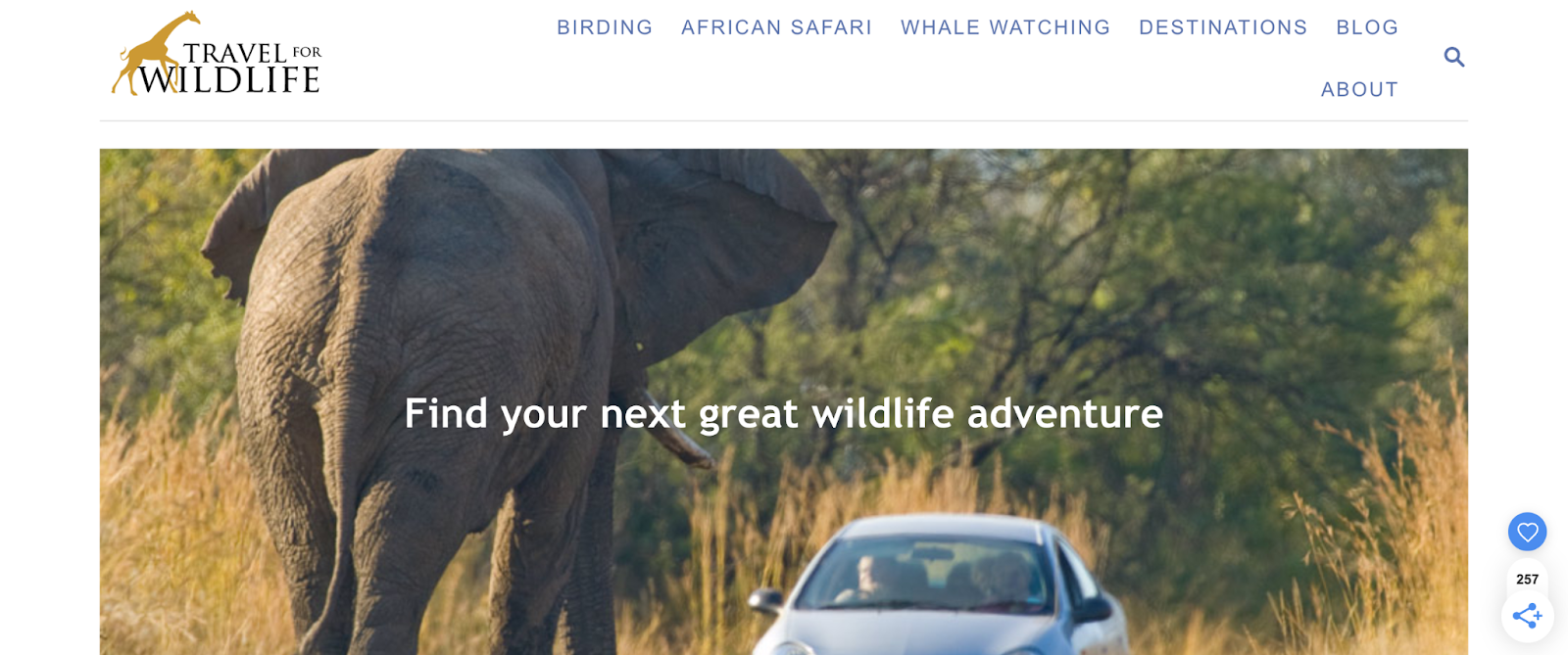 A screenshot of the Travel For Wildlife website homepage