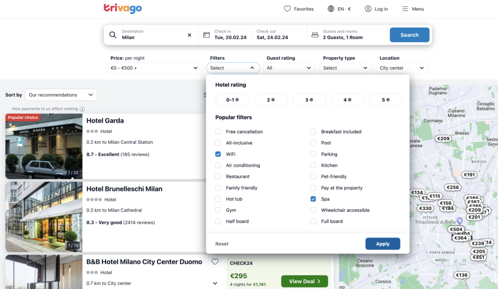 The image displays the Trivago search engine with boxes for your destination, check-in and check-out dates, plus recent activity.