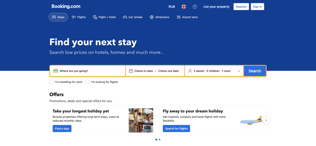 The image displays the homepage of Booking.com with options to search for accommodation, flights, car rentals, attractions, and airport taxis. Other parts of the page give a search engine to select a destination and desired dates before offering deals for monthly stays and early 2023 deals.